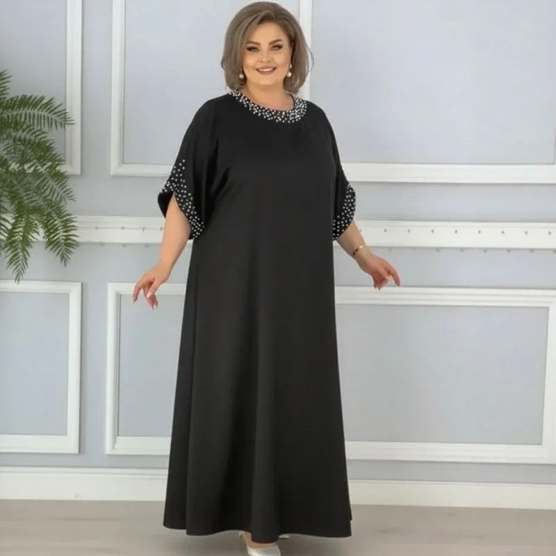 Vestido Helenna™ em Viscose com Pedrarias na Gola e Mangas / Elegância Clássica com Toque de Glamour para Todas as Ocasiões!