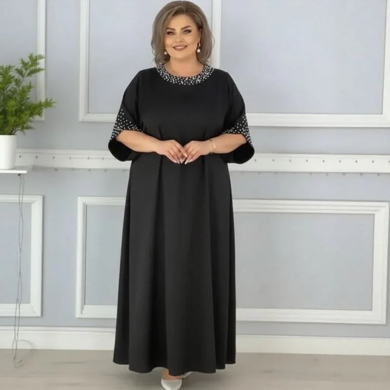 Vestido Helenna™ em Viscose com Pedrarias na Gola e Mangas / Elegância Clássica com Toque de Glamour para Todas as Ocasiões!