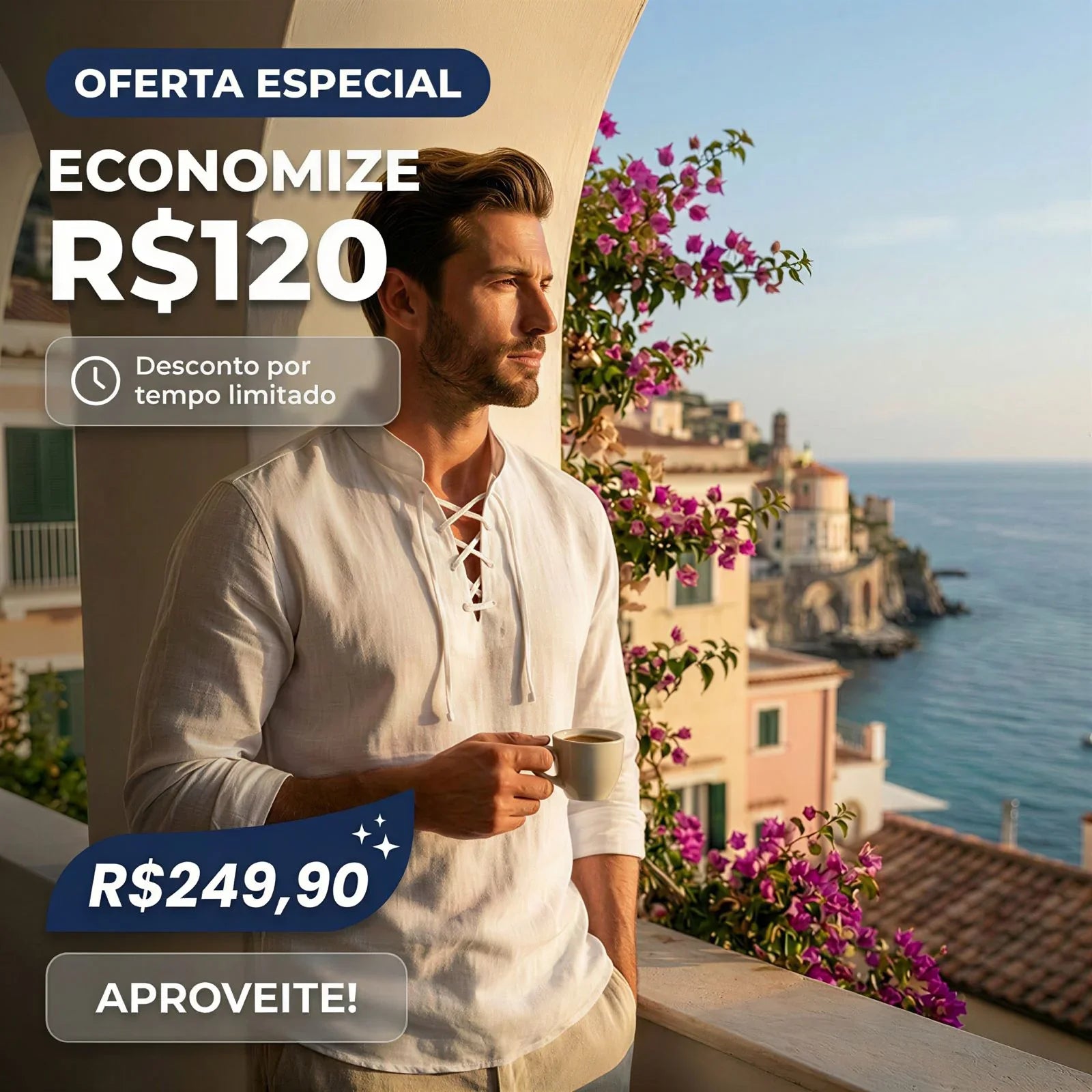 Camisa Masculina Amalfi™ em Linho de Algodão com Amarração Ajustável