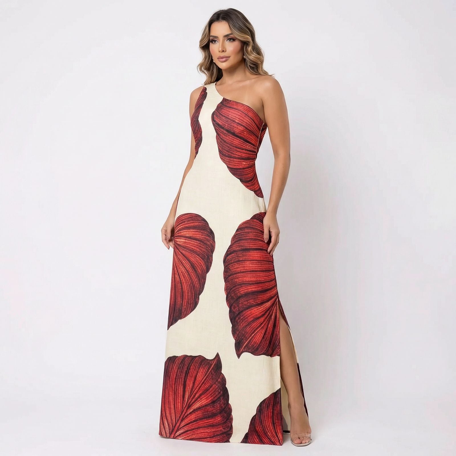 Vestido Longo Yara™ em Viscose Rústica com Fenda Lateral e Decote Assimétrico