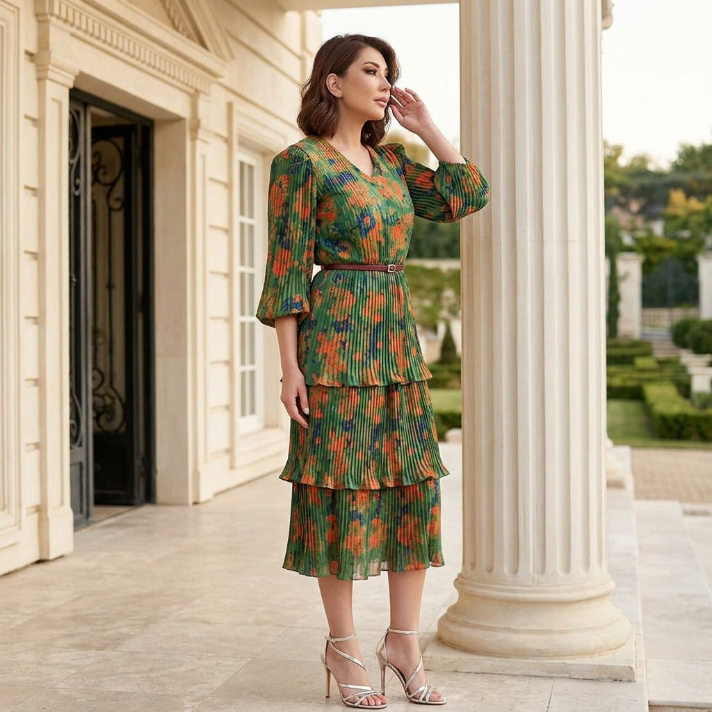 Vestido Lunaria™ com Plissado Elegante e Estampa Floral Sofisticada