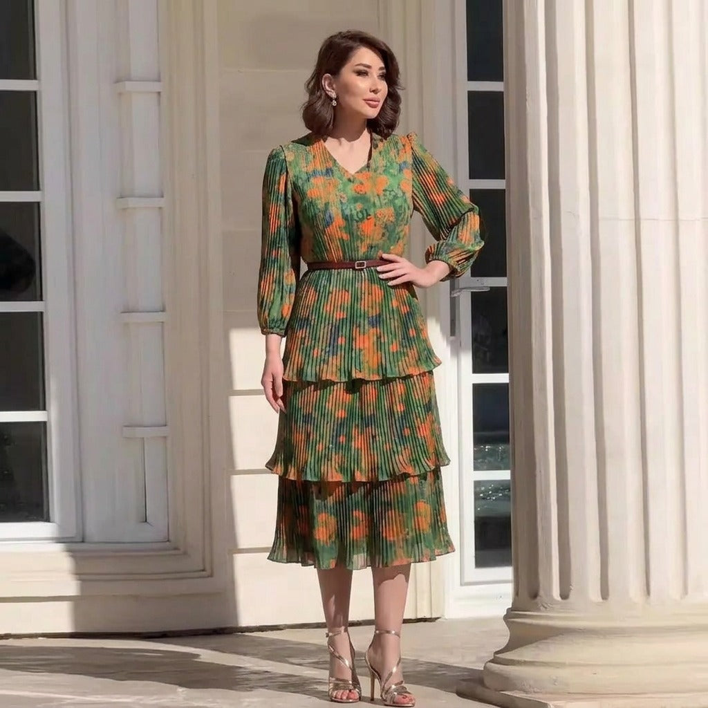 Vestido Lunaria™ com Plissado Elegante e Estampa Floral Sofisticada