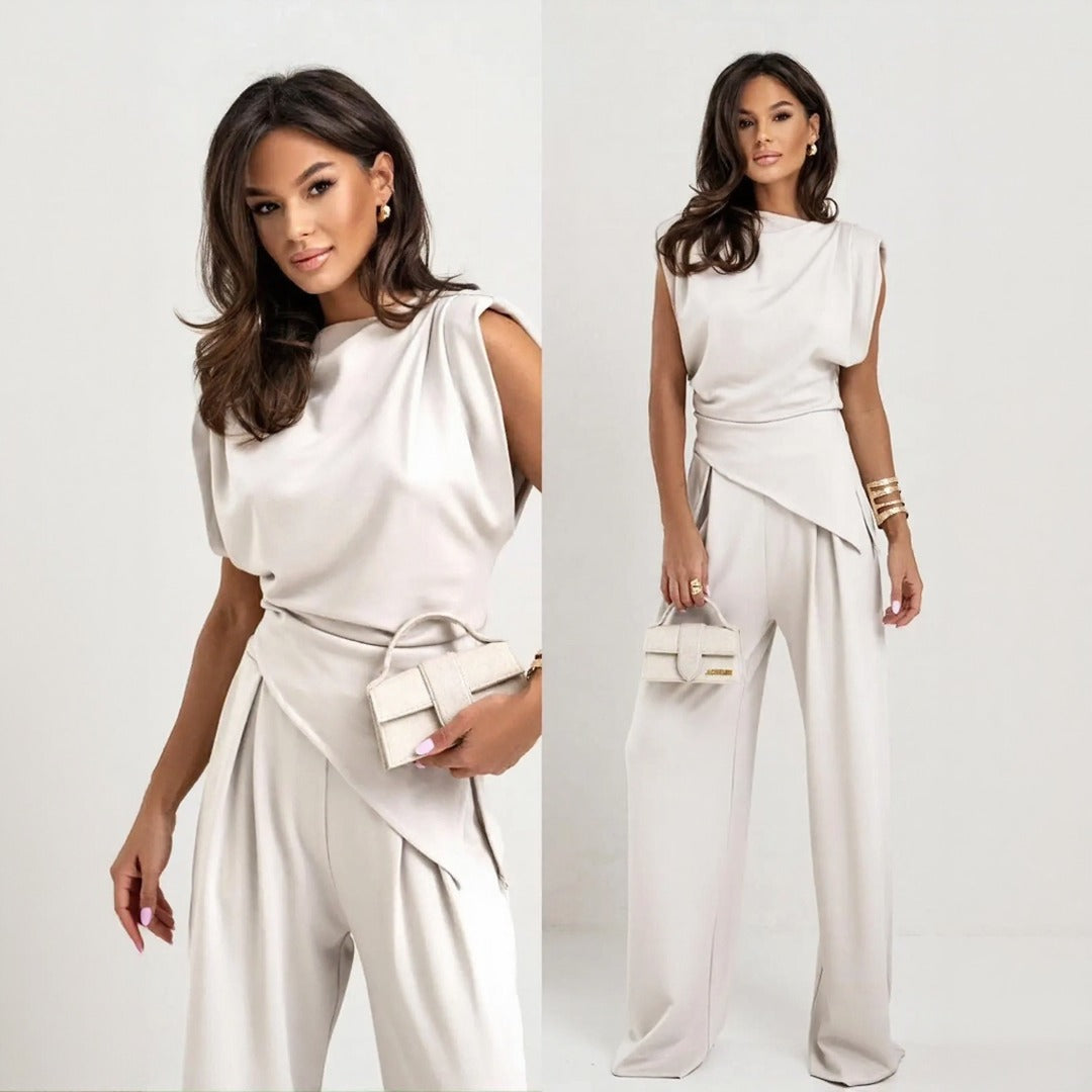 Conjunto Bellanova™ com Blusa de Design Drapeado e Calça Pantalona Elegante