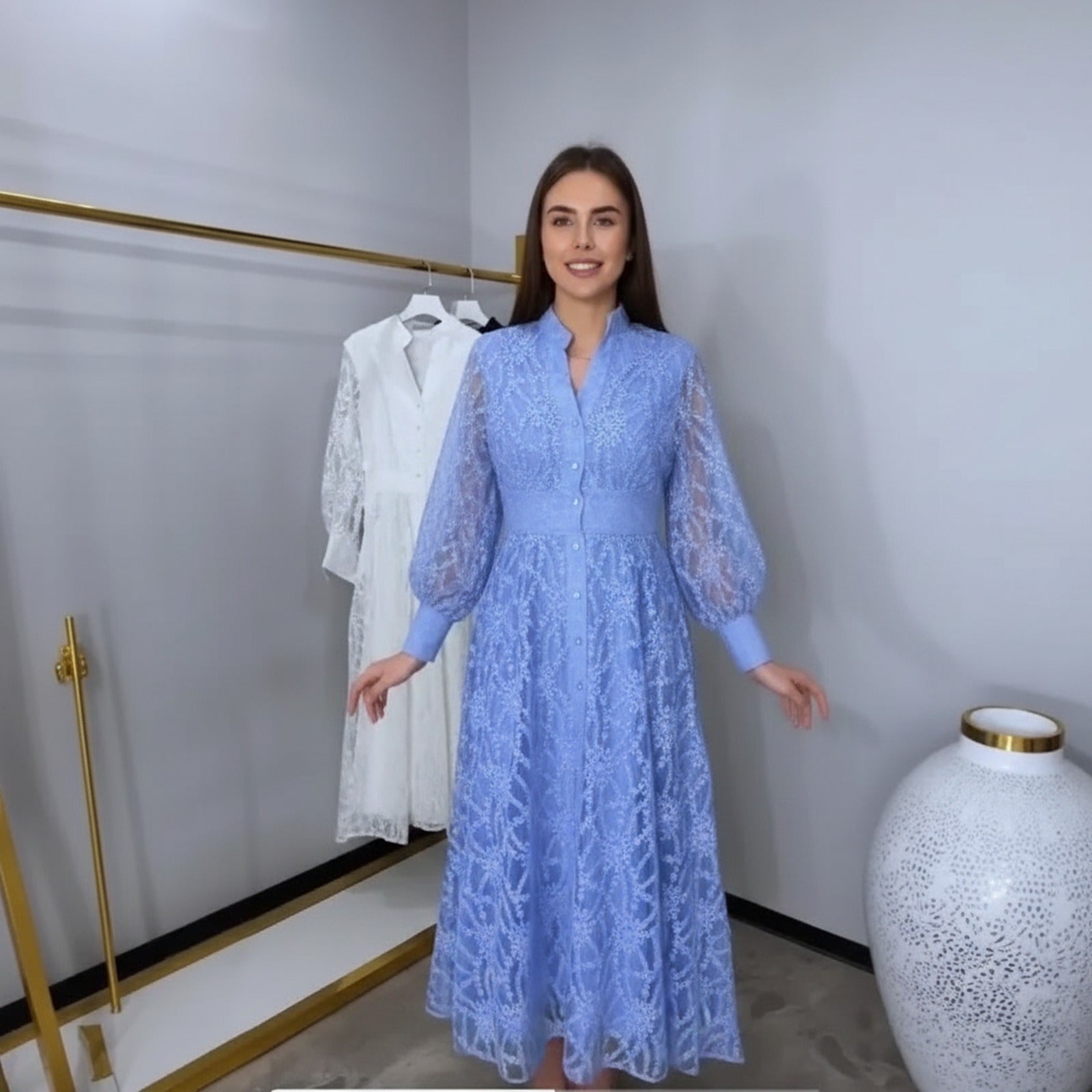 Vestido Imperial™ Rendado com Mangas Bufantes