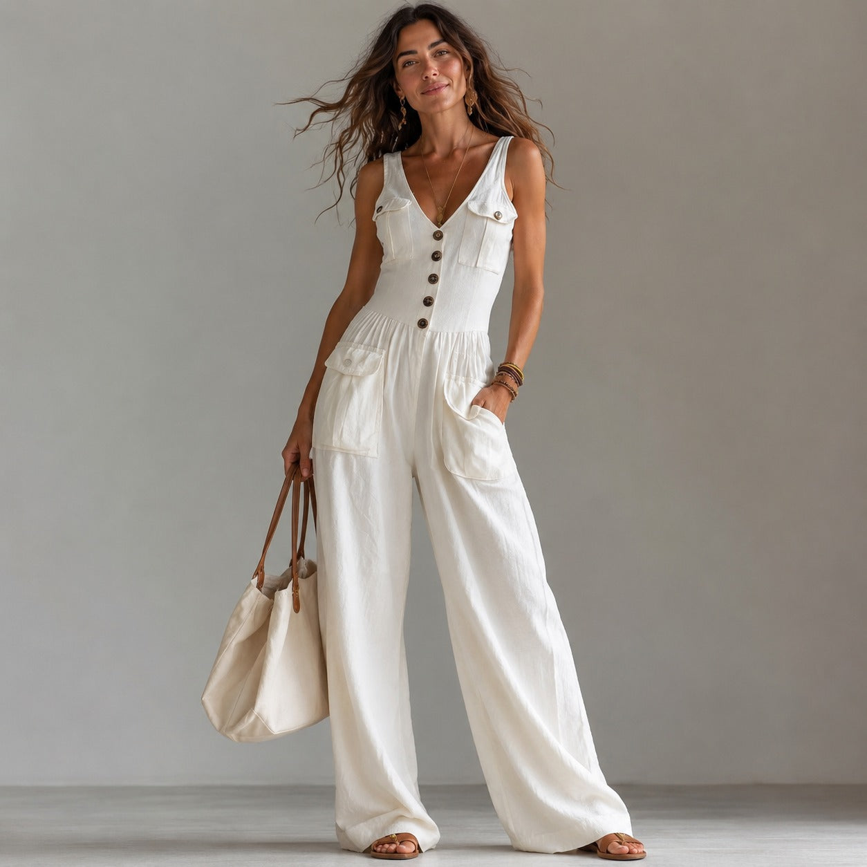 Macacão Marvella™ com Decote V e Calça Pantalona