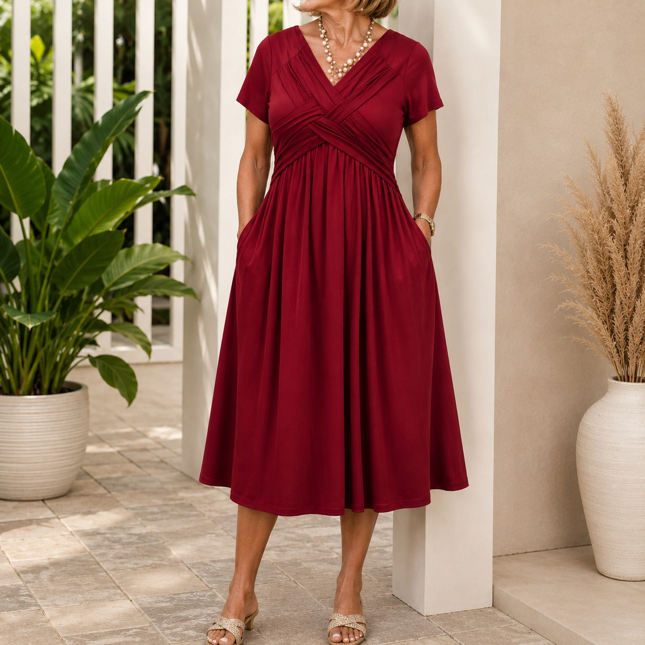 Vestido Lirenne™ com Saia Midi Fluida e Bolsos Laterais