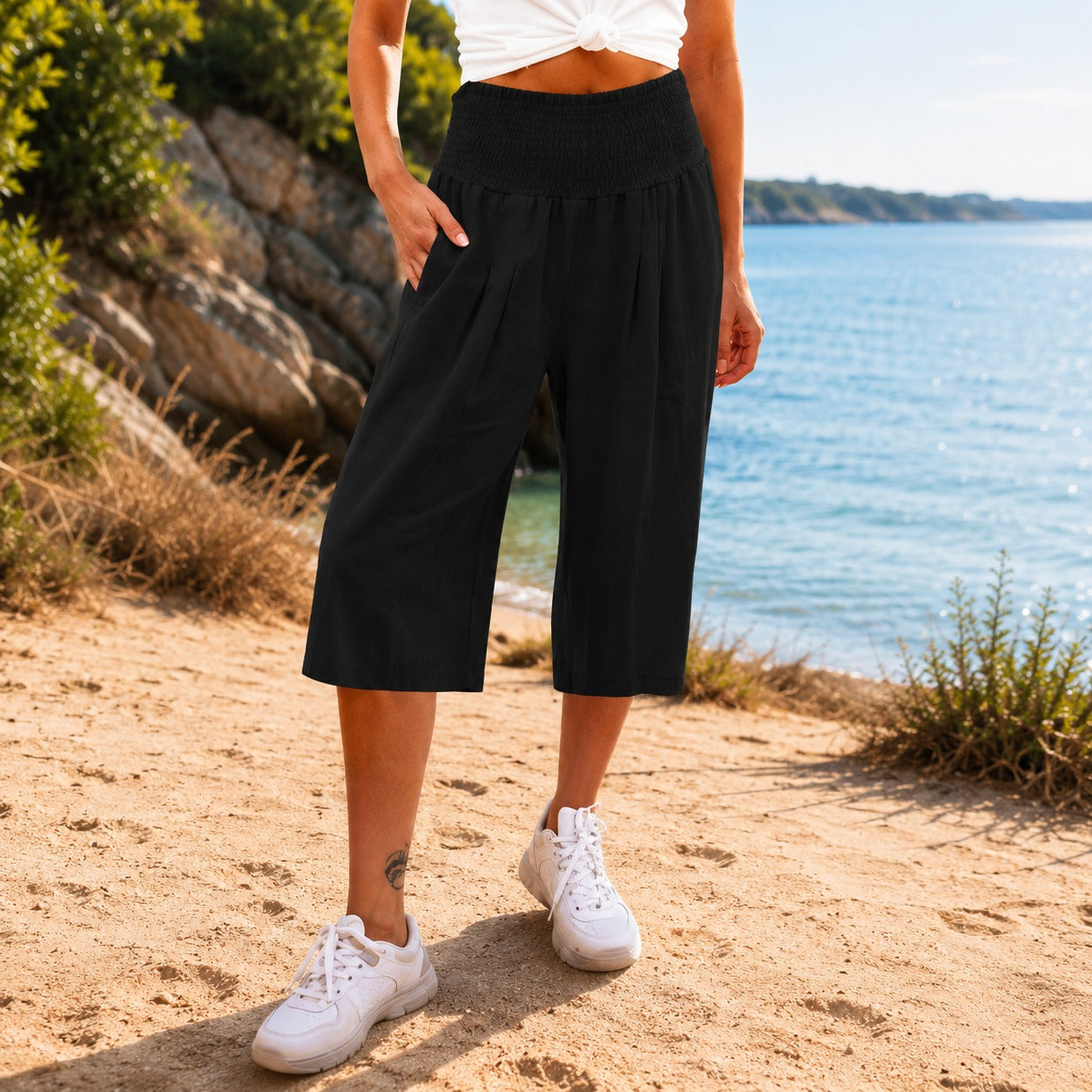 Calça Capri Rosetta™ em Linho de Algodão com Cós Franzido Elegante