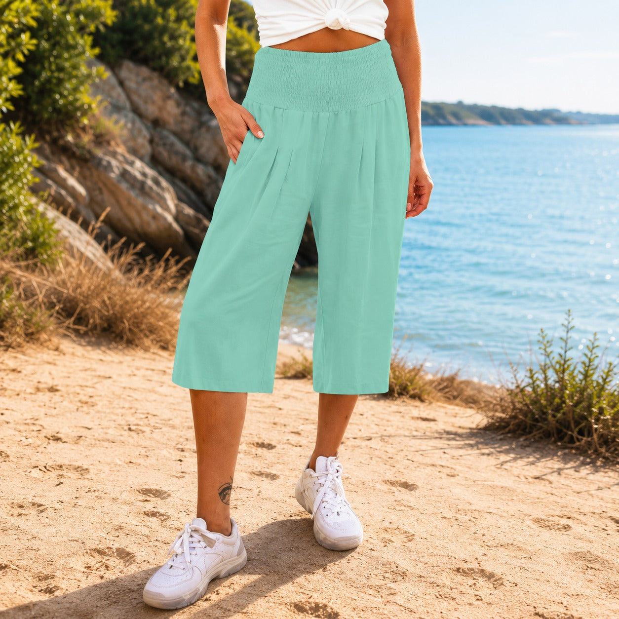 Calça Capri Rosetta™ em Linho de Algodão com Cós Franzido Elegante