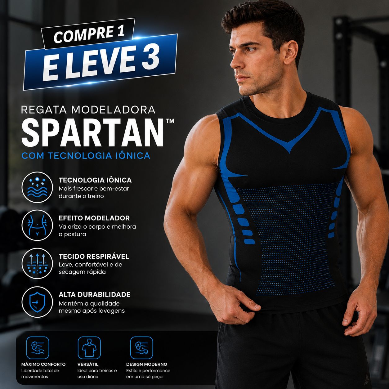 [COMPRE 1 E LEVE 3] Regata Modeladora Spartan™ em Malha Respirável com Tecnologia Iônica