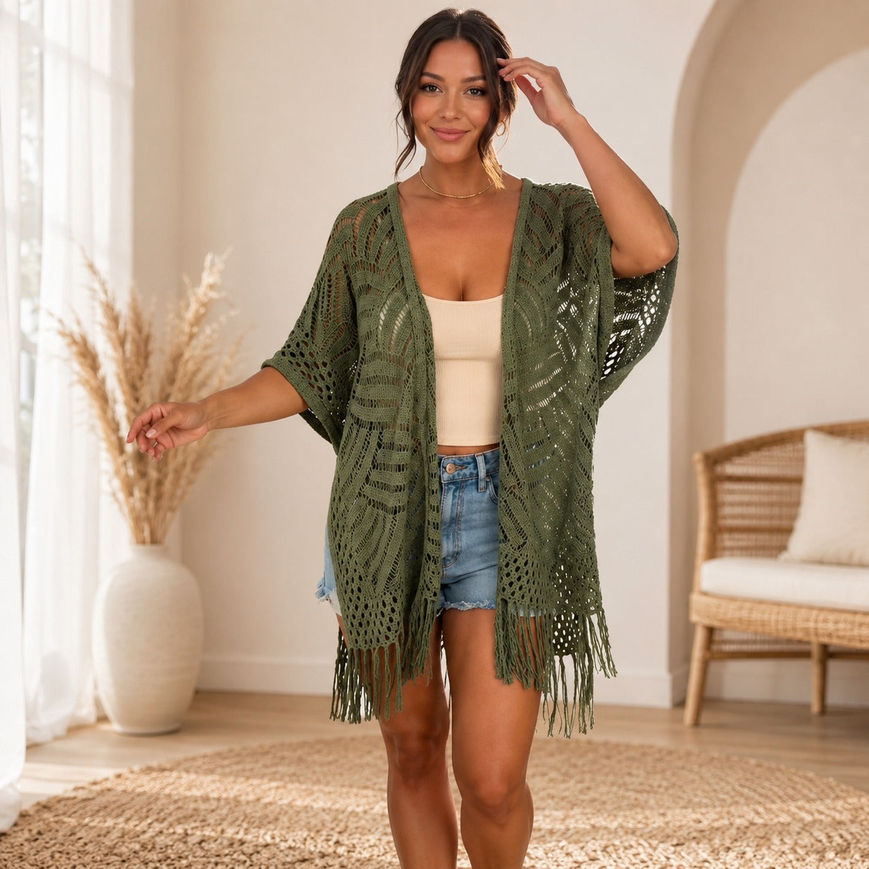 Kimono Calivie™ em Tricô Vazado com Franjas
