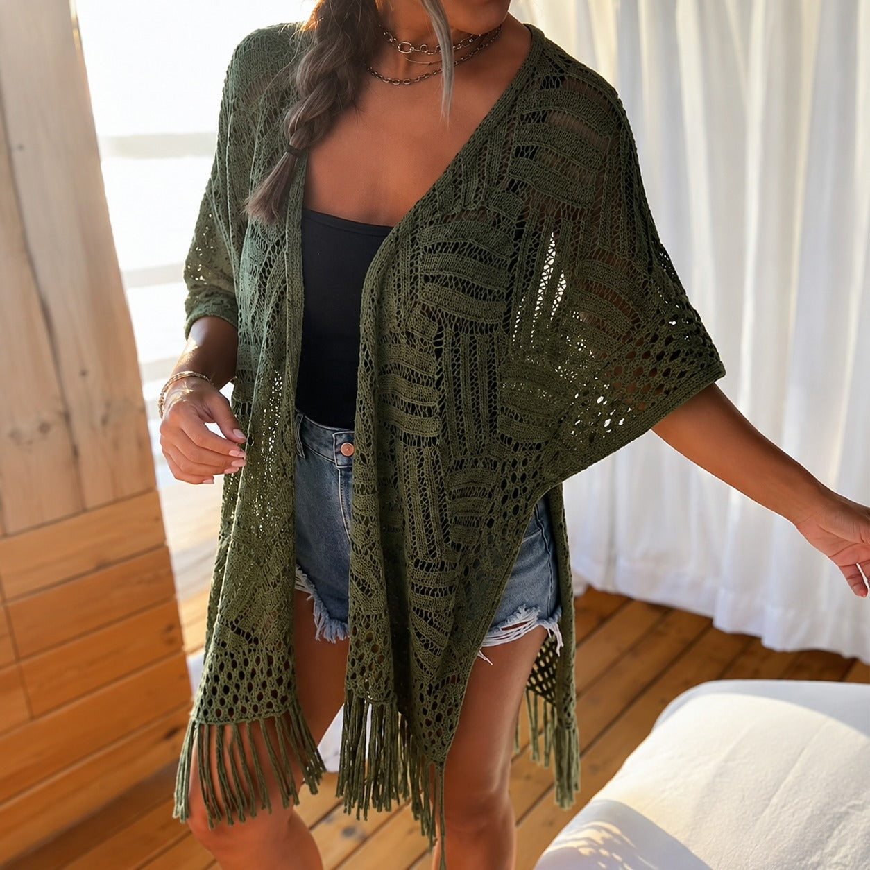 Kimono Calivie™ em Tricô Vazado com Franjas