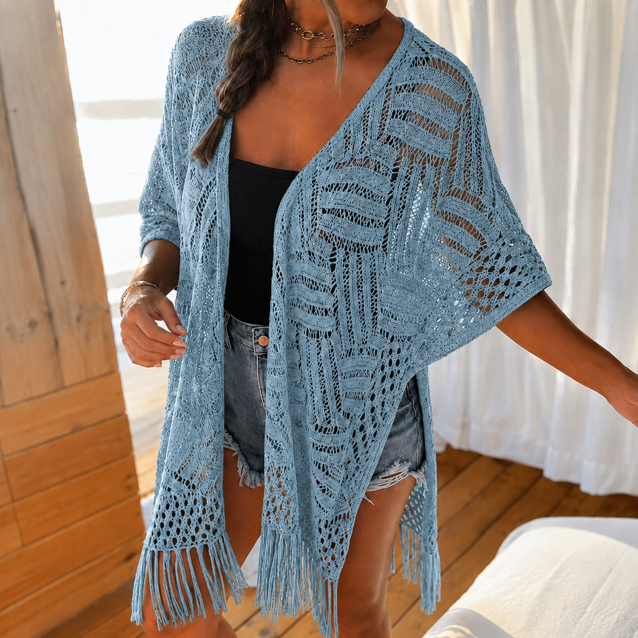 Kimono Calivie™ em Tricô Vazado com Franjas