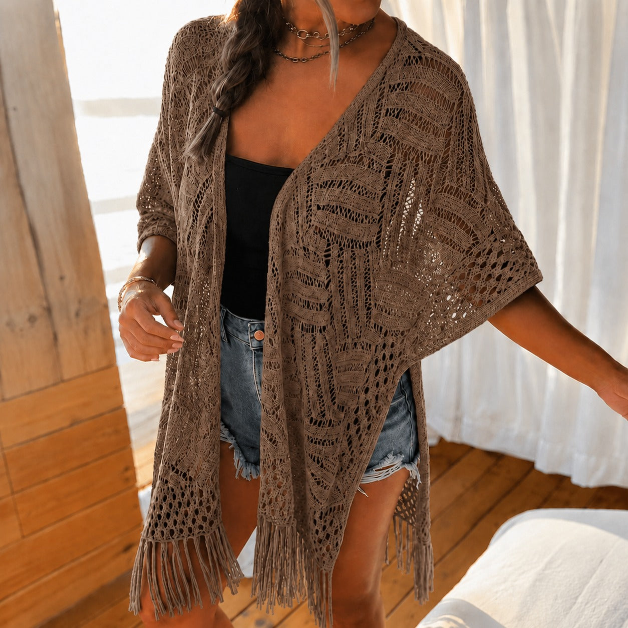 Kimono Calivie™ em Tricô Vazado com Franjas