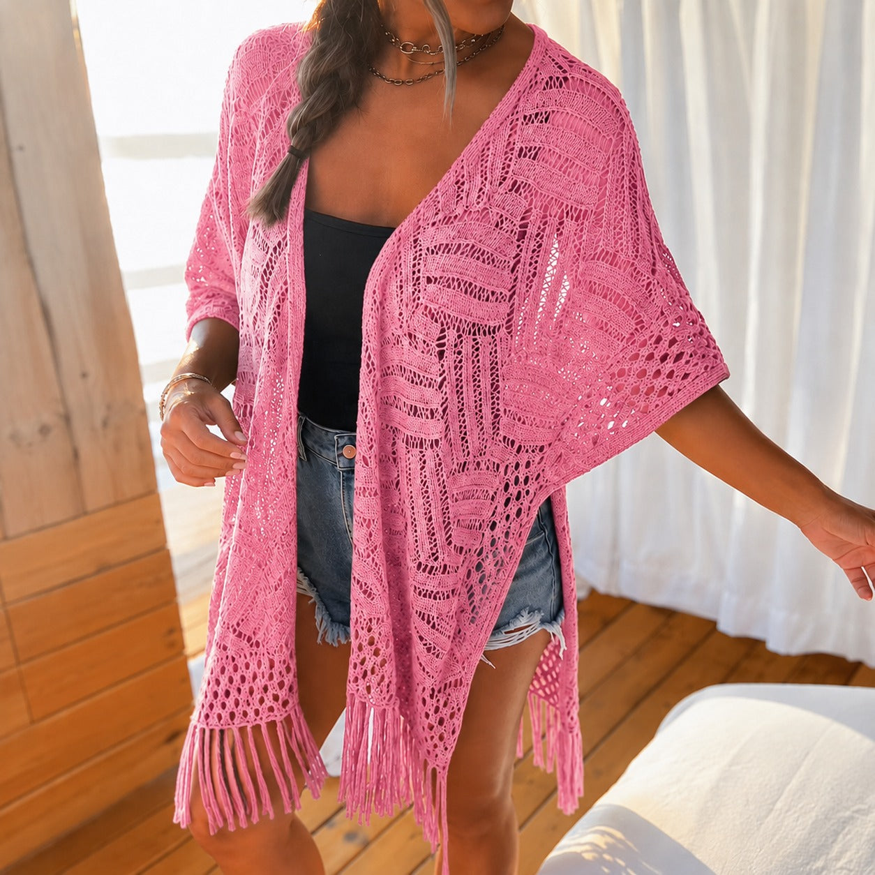 Kimono Calivie™ em Tricô Vazado com Franjas