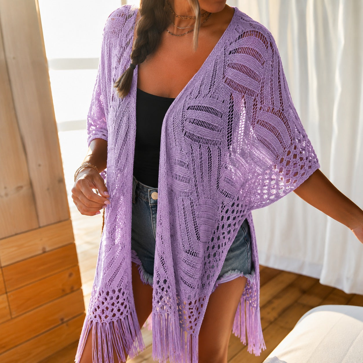 Kimono Calivie™ em Tricô Vazado com Franjas