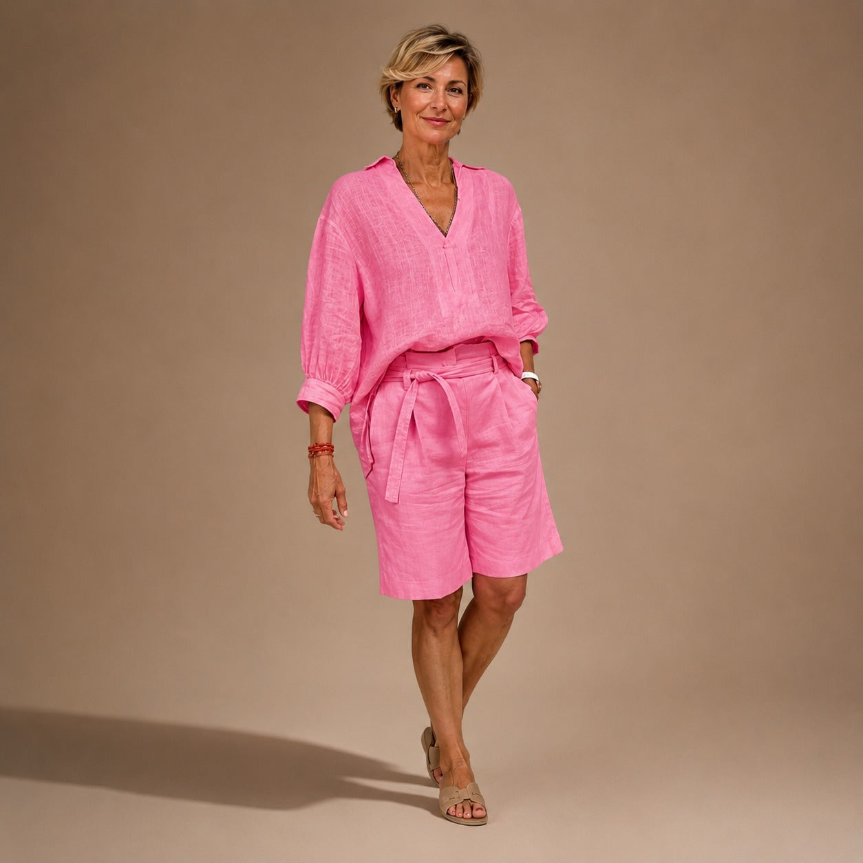 Conjunto Nolenne™ em Linho de Algodão com Camisa Ampla e Bermuda de Cós Ajustável