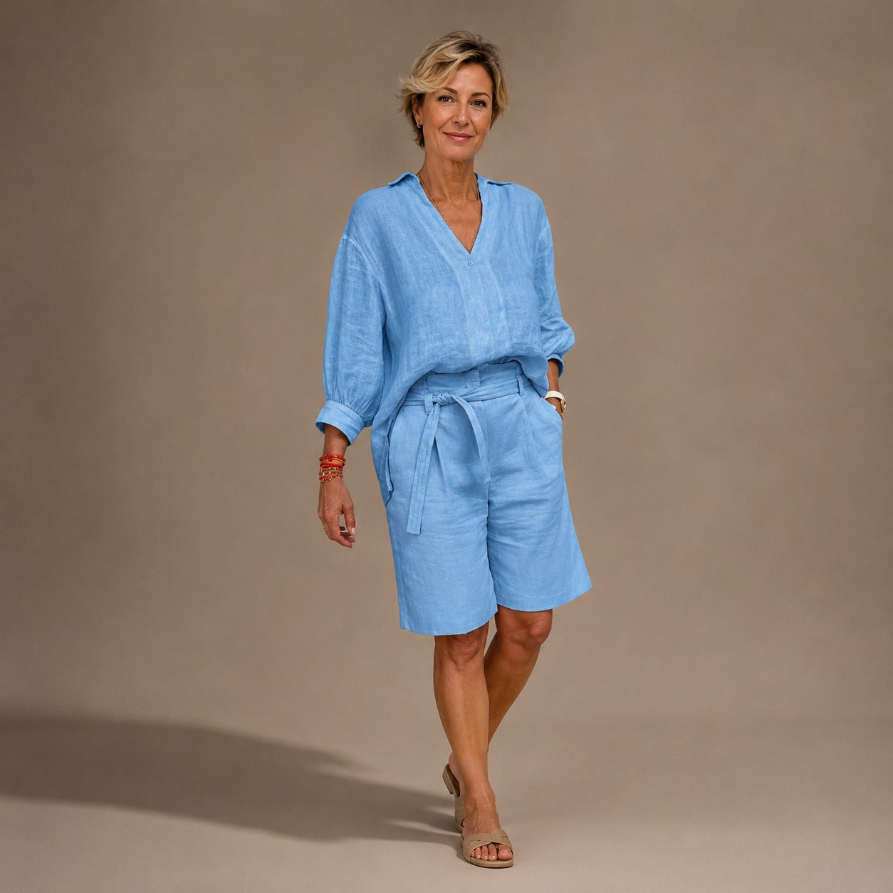Conjunto Nolenne™ em Linho de Algodão com Camisa Ampla e Bermuda de Cós Ajustável