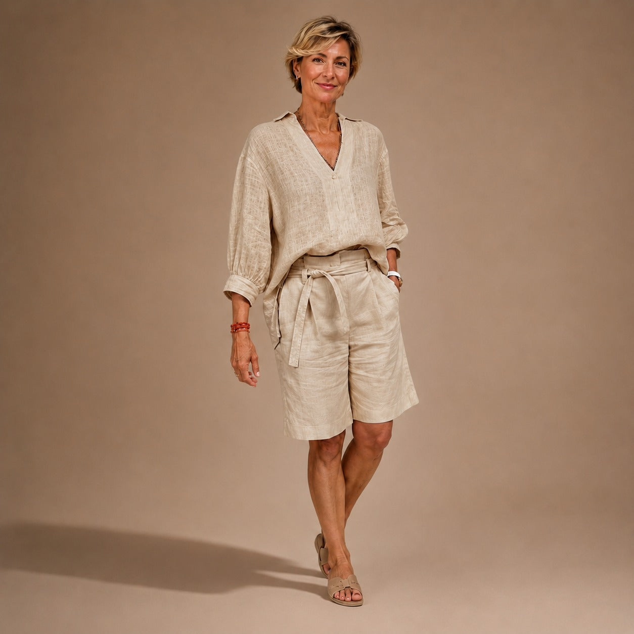 Conjunto Nolenne™ em Linho de Algodão com Camisa Ampla e Bermuda de Cós Ajustável