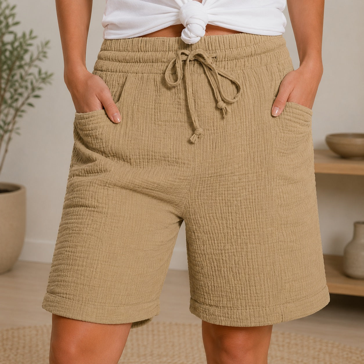 Shorts Estela™ em Algodão Respirável Plissado com Cintura Alta / Conforto Leve Para Os Dias Quentes