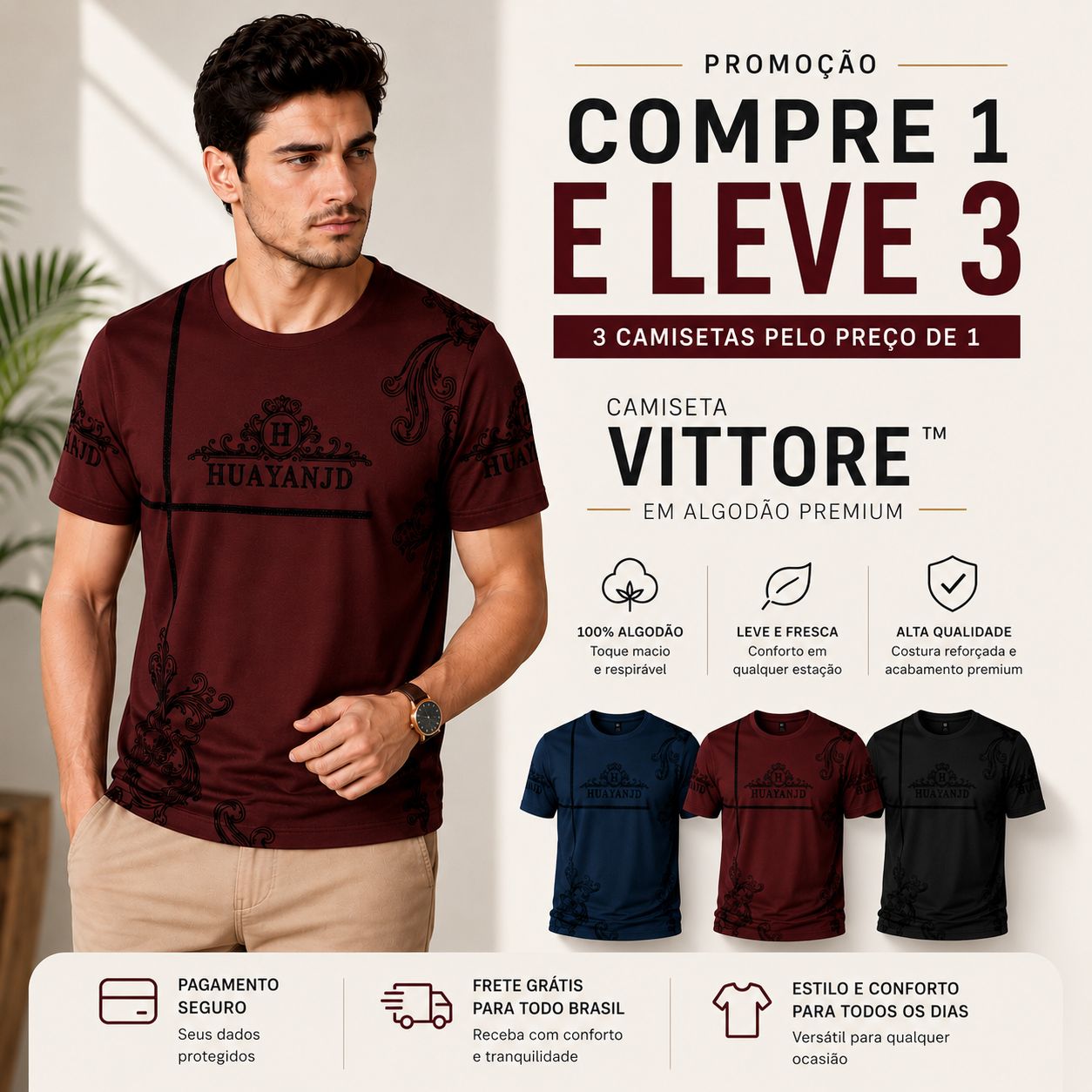 [COMPRE 1 E LEVE 3] Camiseta Vittore™ em Algodão com Estampa Contemporânea / Ideal Para um Visual Moderno em Qualquer Ocasião