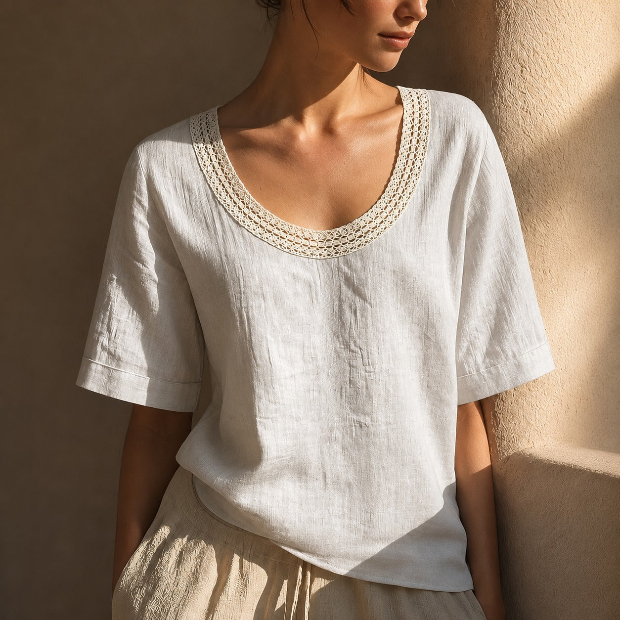 [COMPRE 1 E LEVE 2] Blusinha Maira™ em Linho e Algodão com Decote em Crochê / Charme e Delicadeza Em Cada Detalhe
