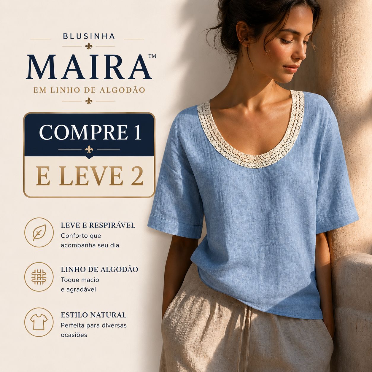 [COMPRE 1 E LEVE 2] Blusinha Maira™ em Linho e Algodão com Decote em Crochê / Charme e Delicadeza Em Cada Detalhe