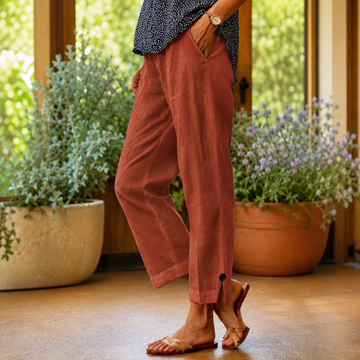 Calça Sylvie™ em Linho de Algodão com Fenda Lateral na Barra