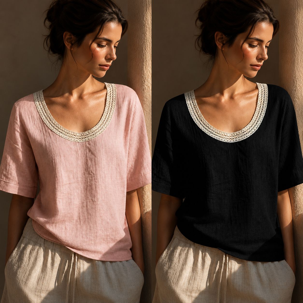 [COMPRE 1 E LEVE 2] Blusinha Maira™ em Linho e Algodão com Decote em Crochê / Charme e Delicadeza Em Cada Detalhe