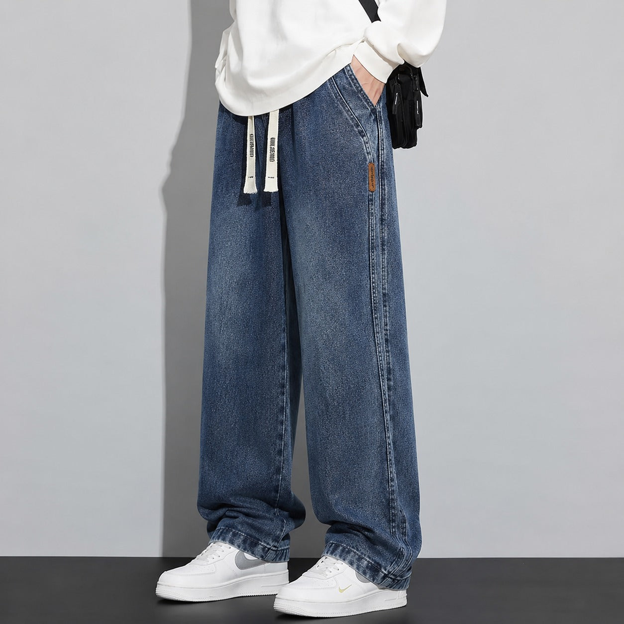 Calça Jeans Rivano™ com Cós Elástico, Cordão Ajustável e Modelagem Ampla