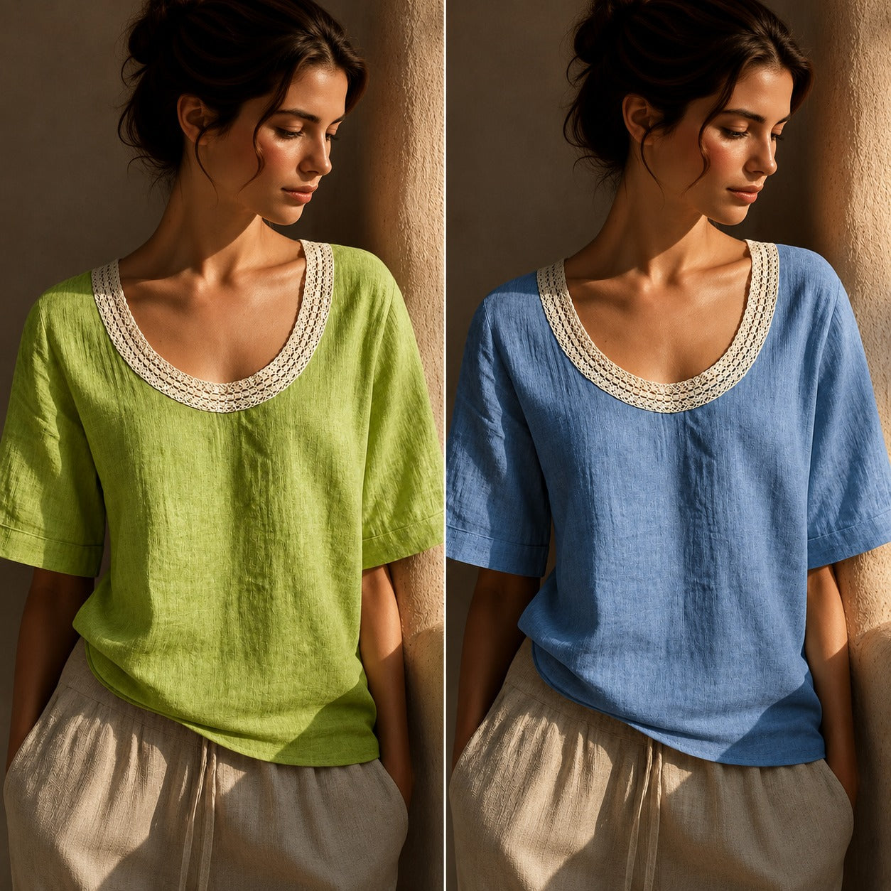 [COMPRE 1 E LEVE 2] Blusinha Maira™ em Linho e Algodão com Decote em Crochê / Charme e Delicadeza Em Cada Detalhe