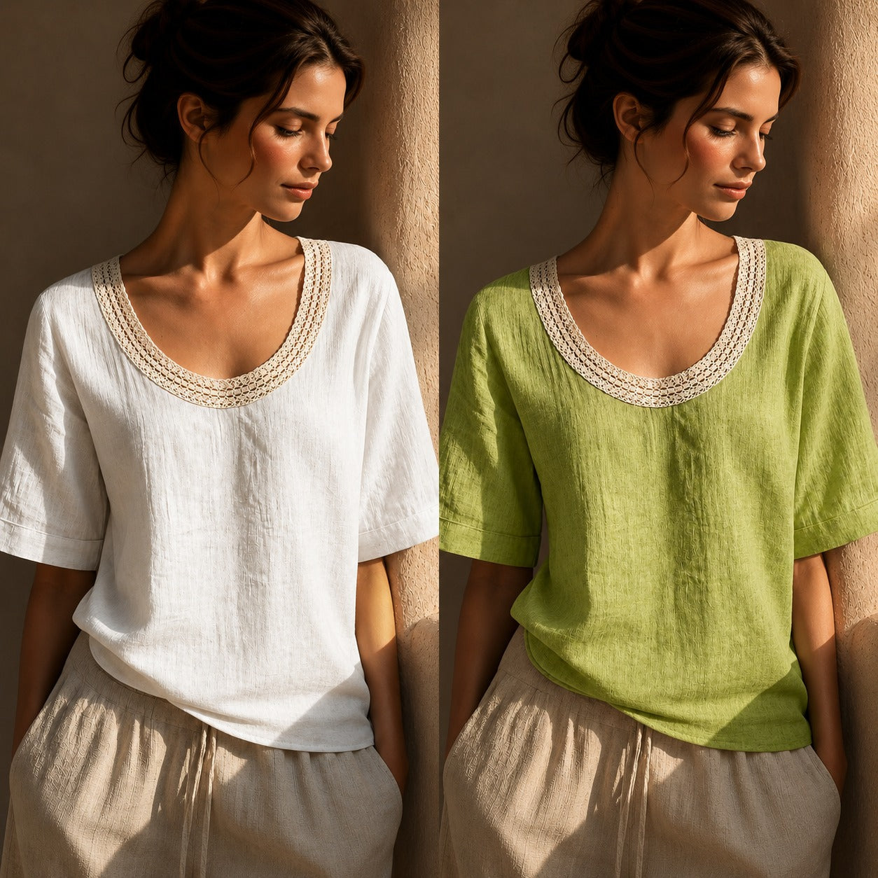 [COMPRE 1 E LEVE 2] Blusinha Maira™ em Linho e Algodão com Decote em Crochê / Charme e Delicadeza Em Cada Detalhe