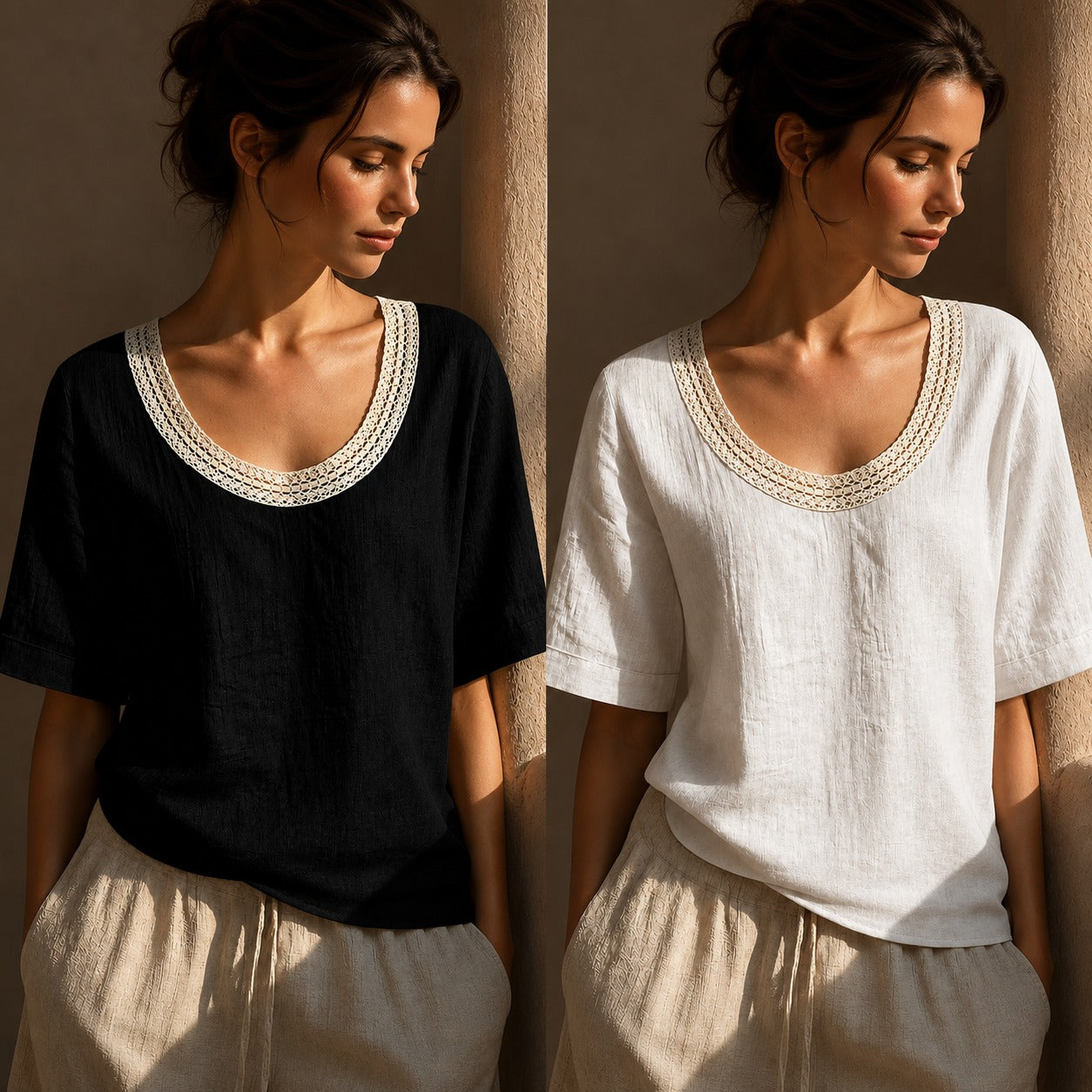 [COMPRE 1 E LEVE 2] Blusinha Maira™ em Linho e Algodão com Decote em Crochê / Charme e Delicadeza Em Cada Detalhe