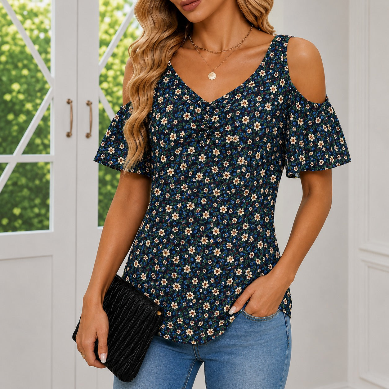 Blusa Eloá™ com Ombros Vazados, Decote V e Mangas com Babados