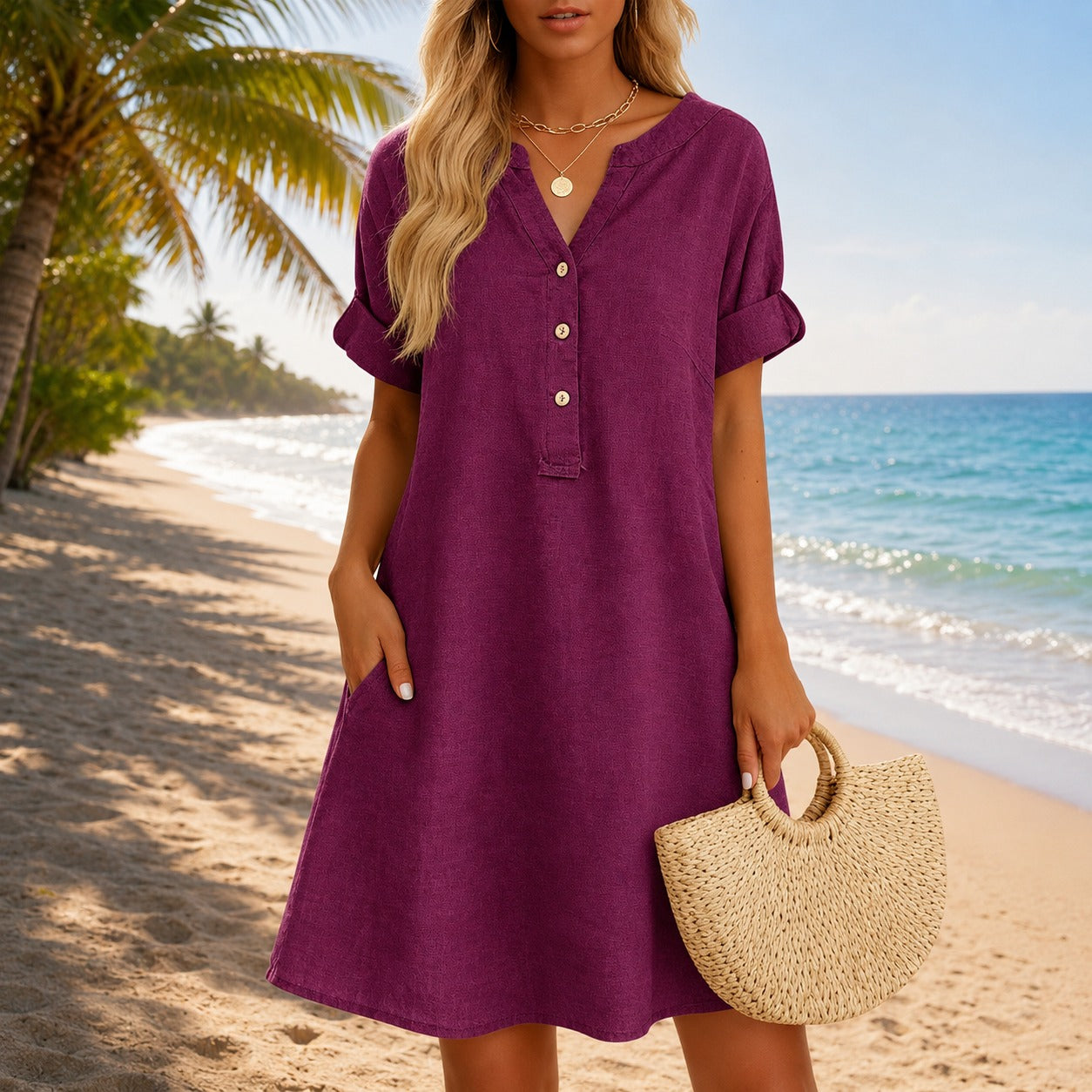 Vestido Ester™ com Decote V, Botões Frontais e Bolsos Laterais