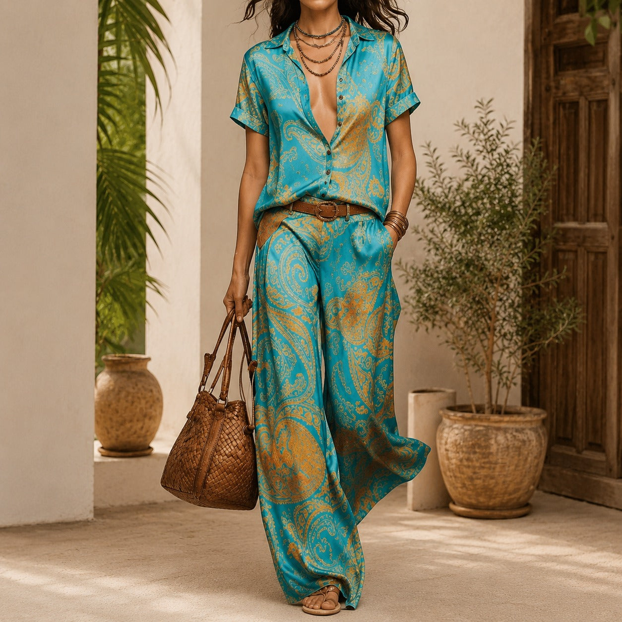 Conjunto Estampado Azmara™ com Camisa de Botões e Calça Pantalona Fluida.