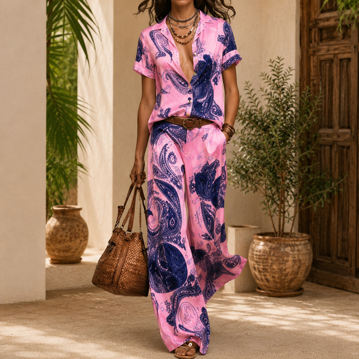 Conjunto Estampado Azmara™ com Camisa de Botões e Calça Pantalona Fluida.