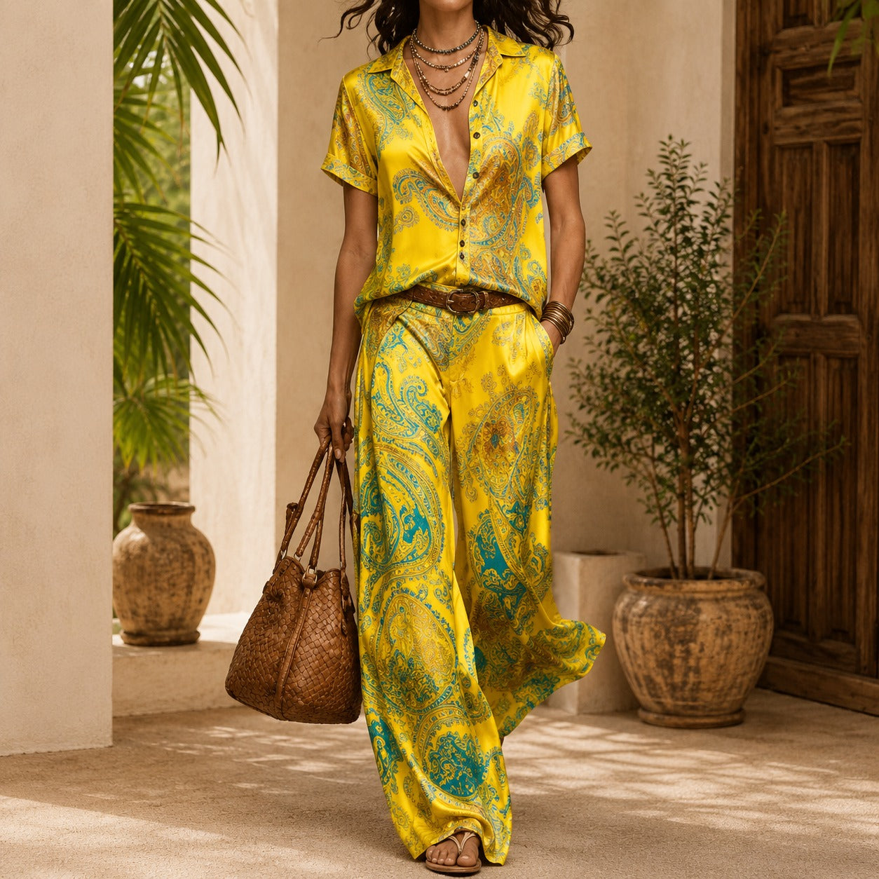 Conjunto Estampado Azmara™ com Camisa de Botões e Calça Pantalona Fluida.