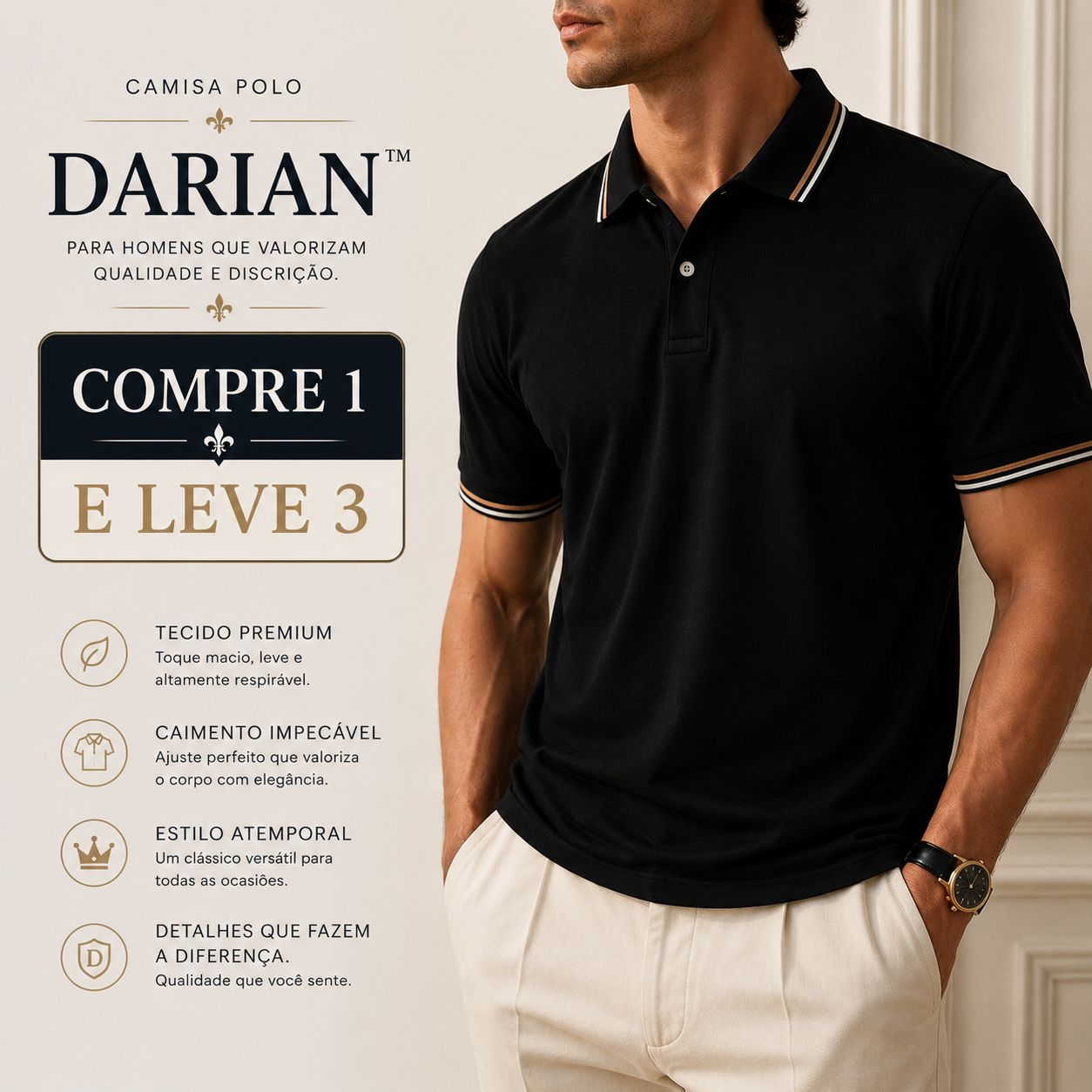 [COMPRE 1 E LEVE 3] Camisa Polo Darian™ com Gola Contrastante, Manga Curta e Modelagem Clássica