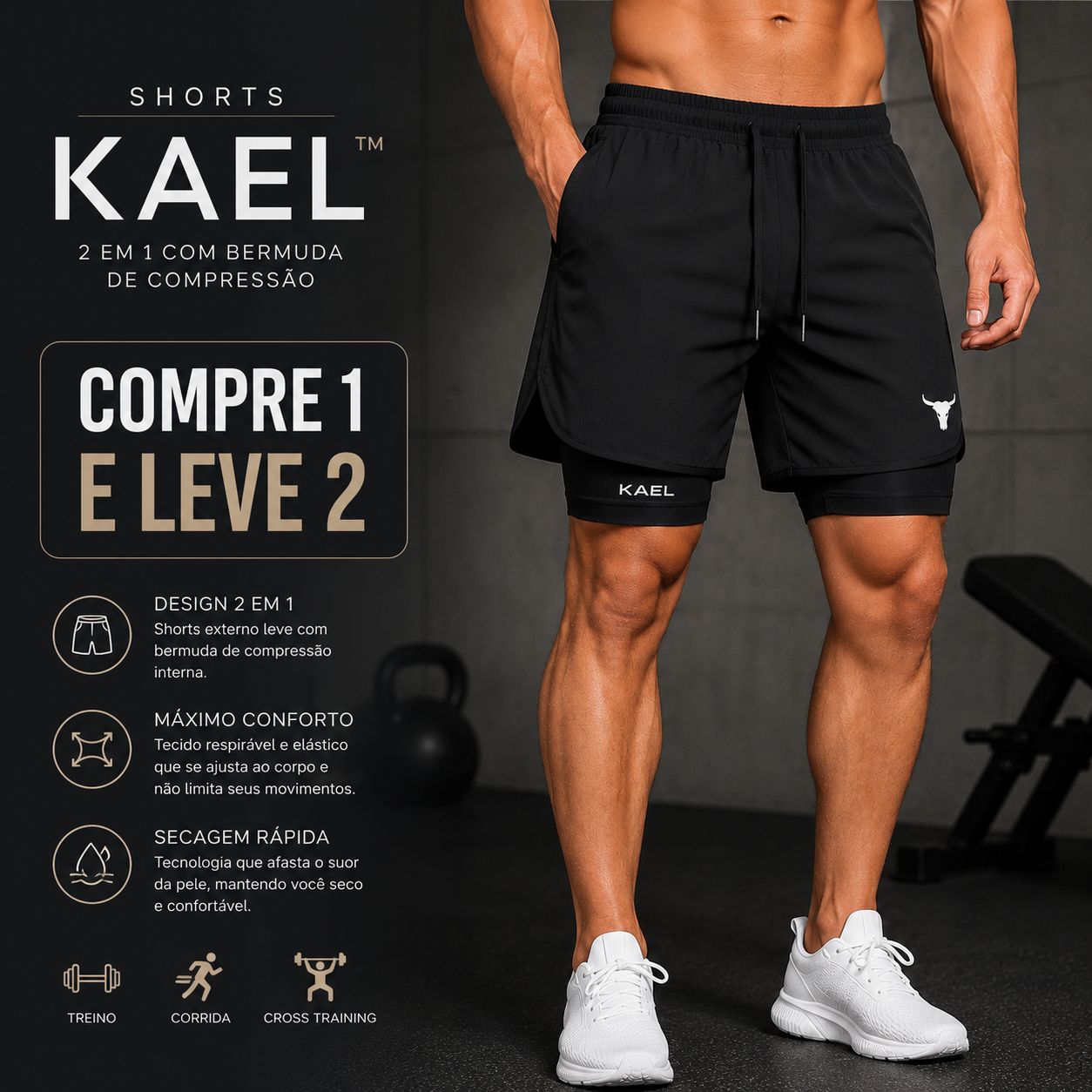 [COMPRE 1 E LEVE 2] Shorts Kael™ 2 em 1 com Bermuda de Compressão Interna e Cós Ajustável / Estrutura Funcional Para Treinos Intensos