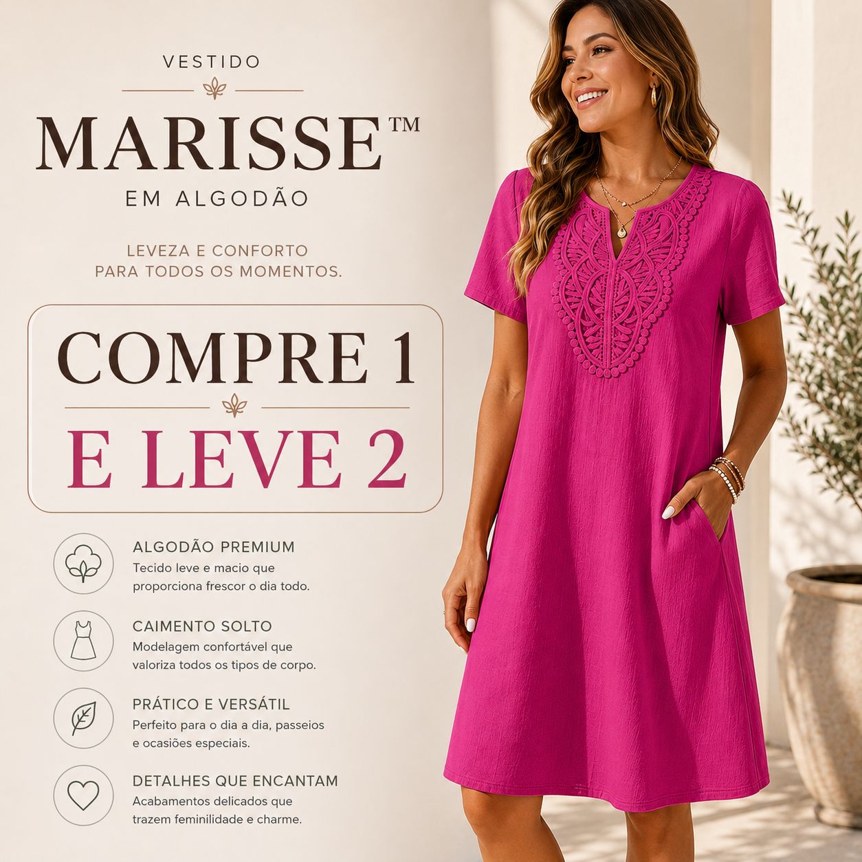 [COMPRE 1 E LEVE 2] Vestido Marisse™ em Algodão com Bordado Frontal e Modelagem Ampla / Delicadeza Que Valoriza Cada Detalhe