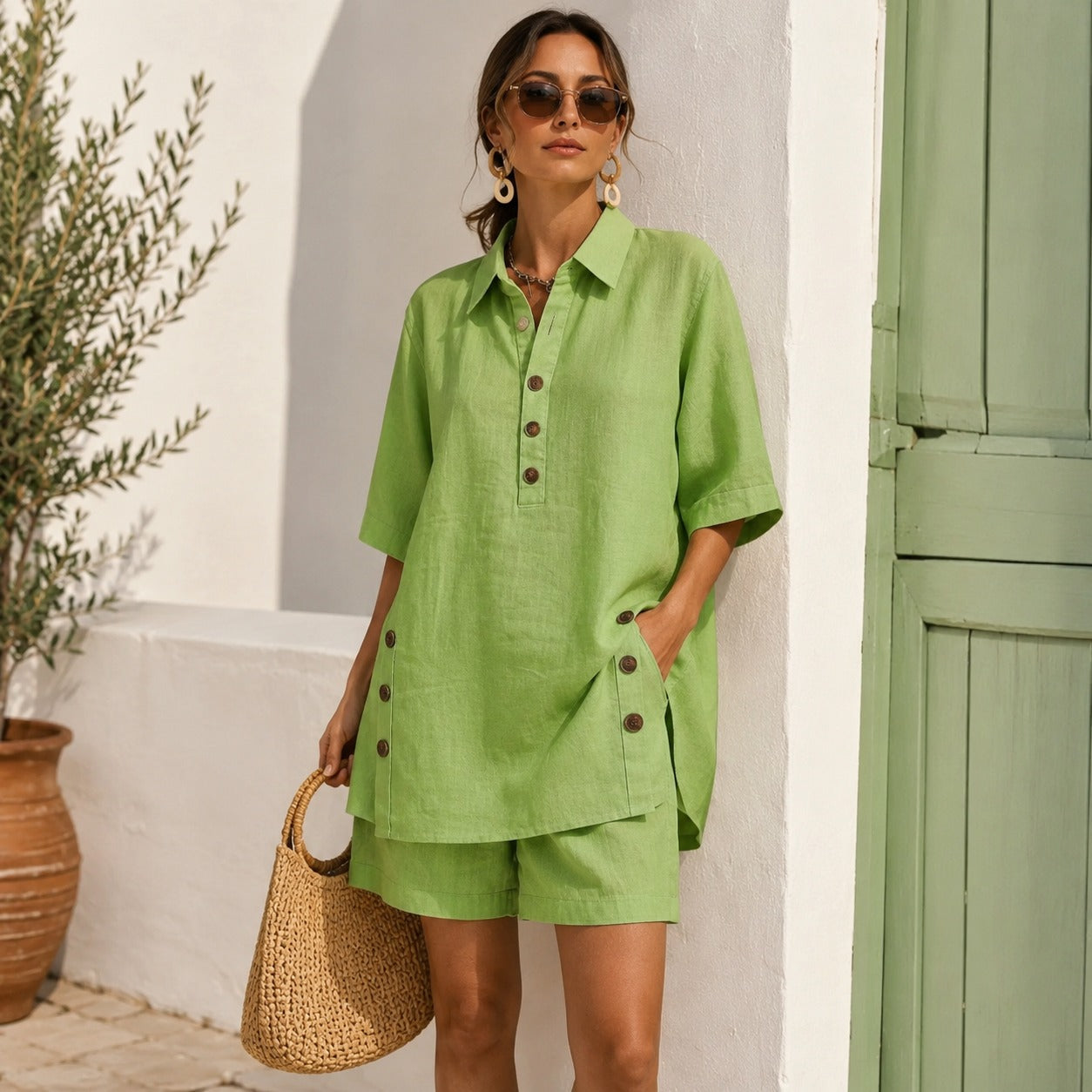 Conjunto Velena™ Com Blusa De Gola Camisa E Shorts De Corte Solto / Elegância Para Aproveitar Os Dias Quentes