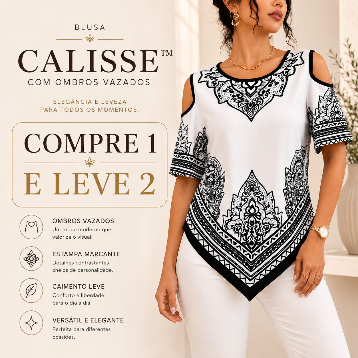 [COMPRE 1 E LEVE 2] Blusa Calisse™ com Ombros Vazados, Estampa Ornamental e Barra Assimétrica.