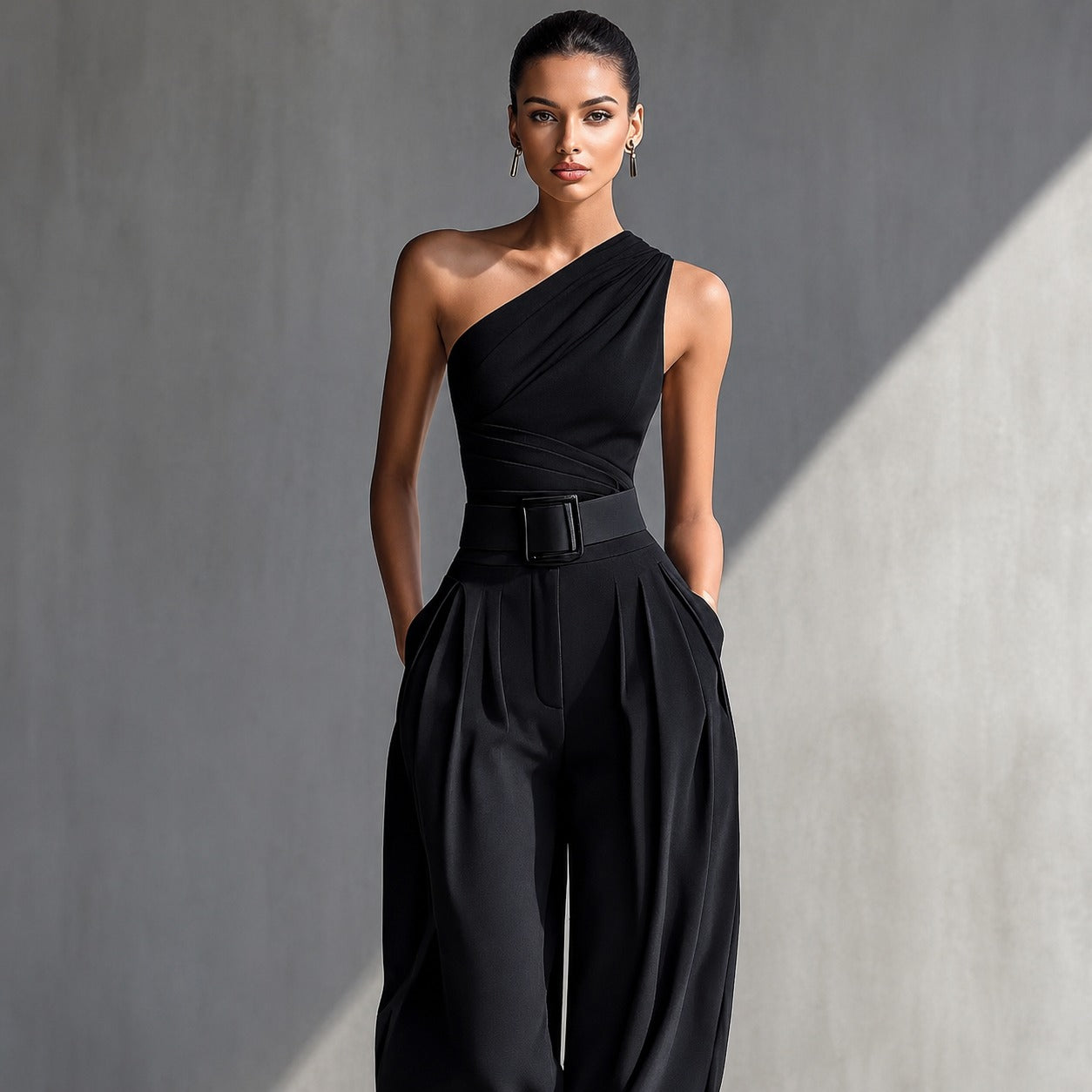 Conjunto Aurevia™ com Blusa de Um Ombro Só e Calça Pantalona / Assimetria elegante com presença contemporânea.