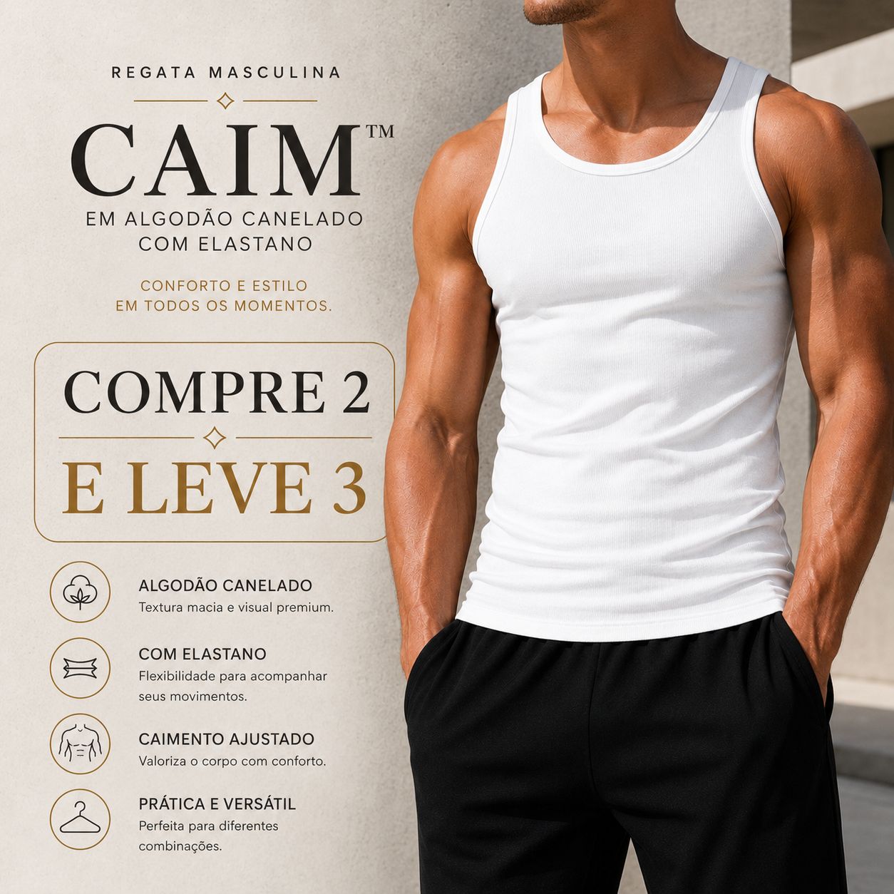 [COMPRE 2 E LEVE 3]  Regata Masculina Caim™ em Algodão Canelado com Elastano / Seu Essencial Que Marca o Shape e Dura Muito Mais 