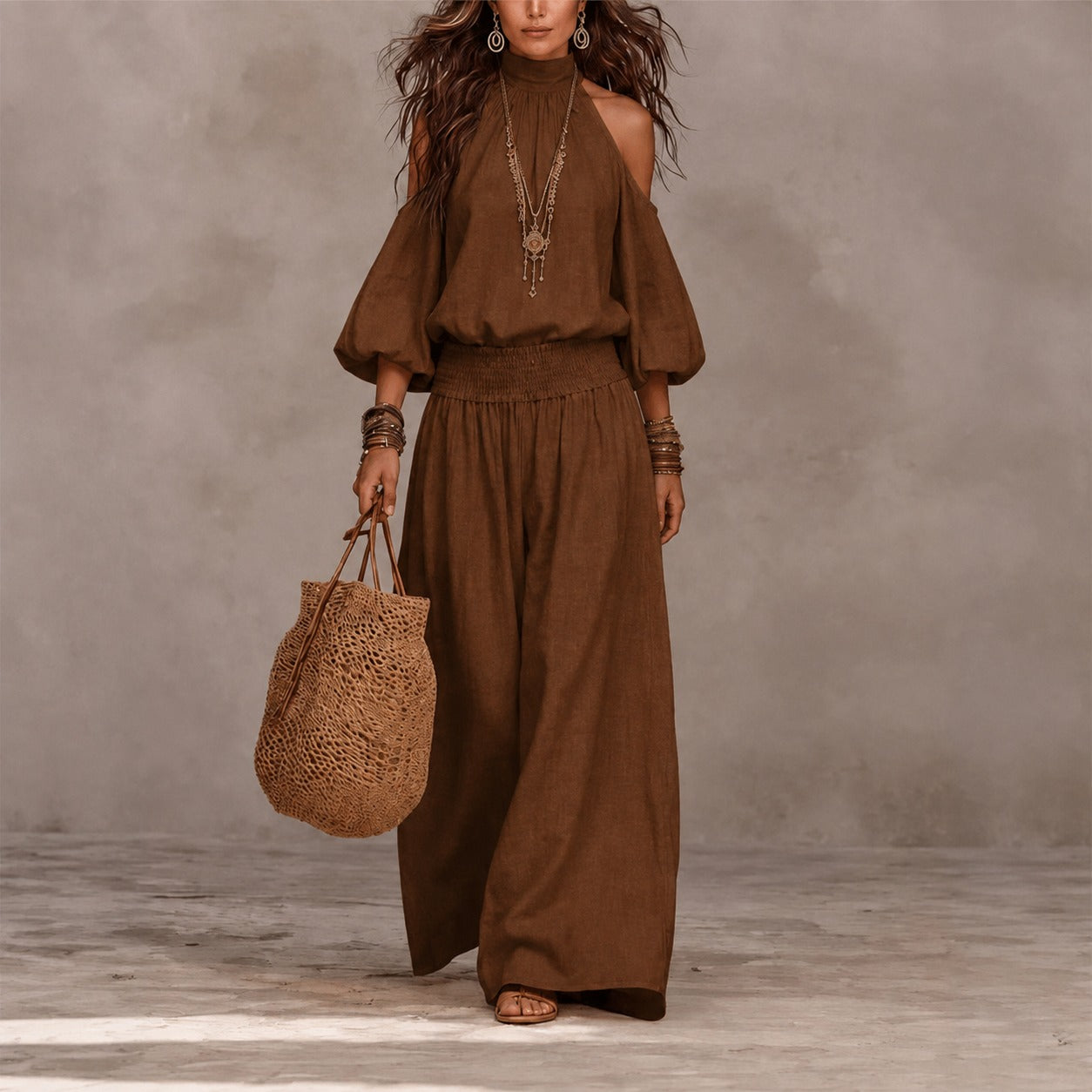 Conjunto Elisia™ com Blusa de Ombros Vazados e Calça Pantalona de Cós Elástico