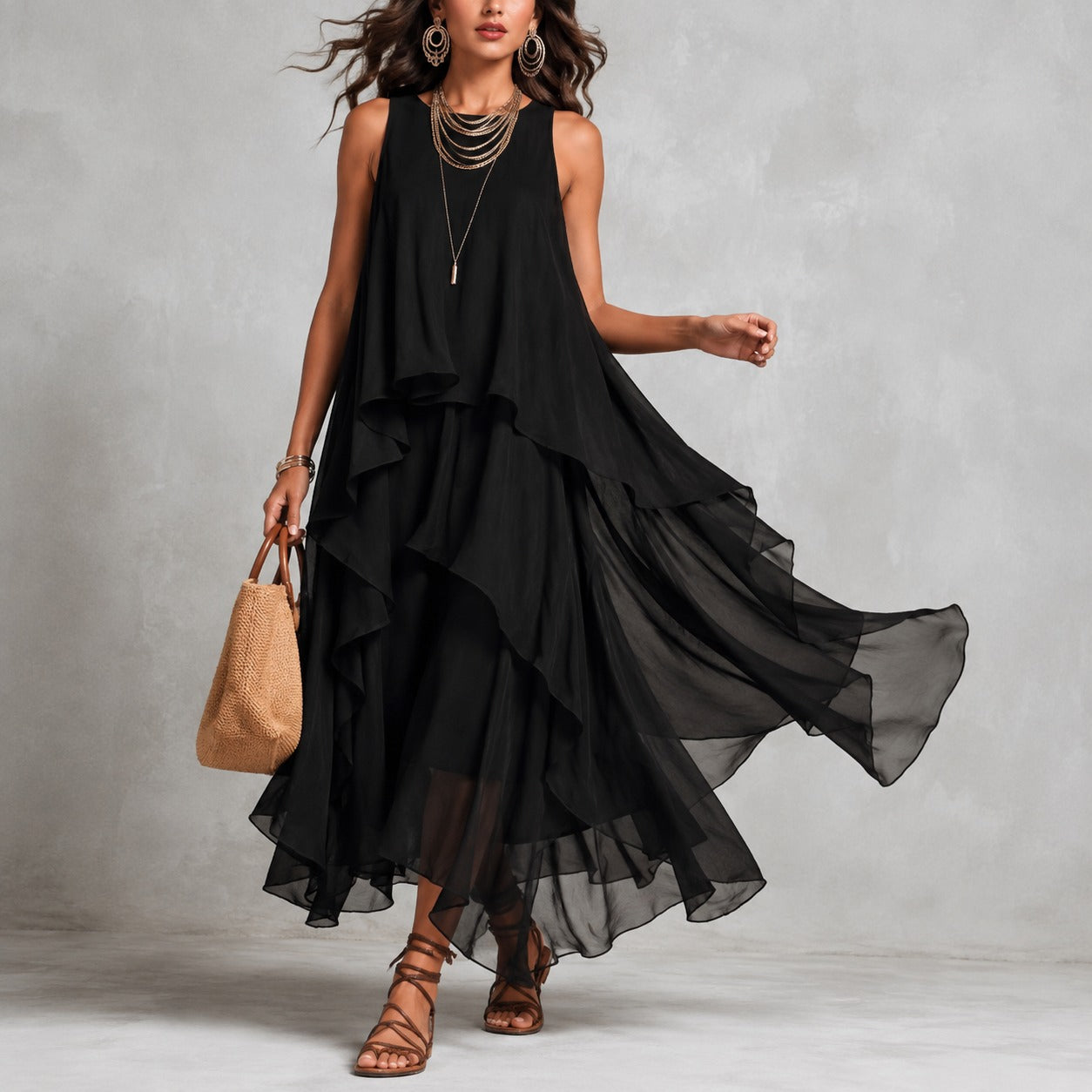 Vestido Emanuela™ com Sobreposição Elegante e Comprimento Longo / Leveza Para Ocasiões Especiais
