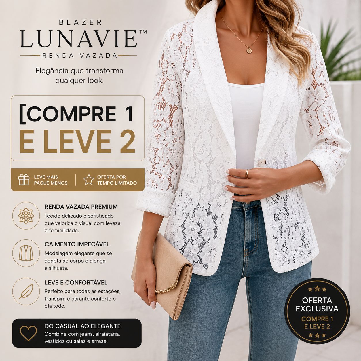 [COMPRE 1 E LEVE 2] Blazer Lunavie™ com Renda Vazada Elegante e Transparência Delicada / Sofisticação Que Eleva Qualquer Produção