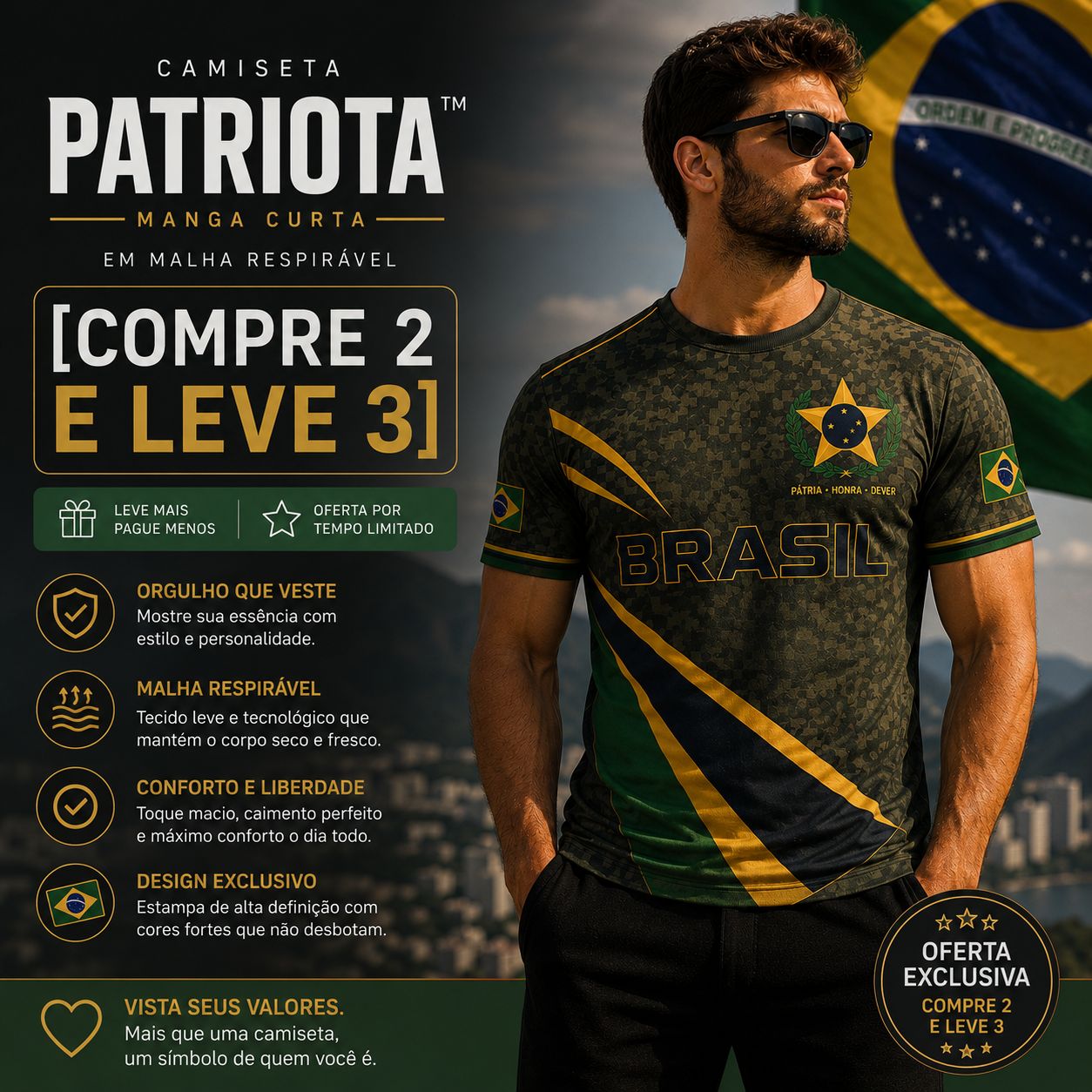 [COMPRE 2 E LEVE 3] Camiseta Patriota™ Manga Curta em Malha Respirável / O Orgulho de Ser Brasileiro em Cada Detalhe