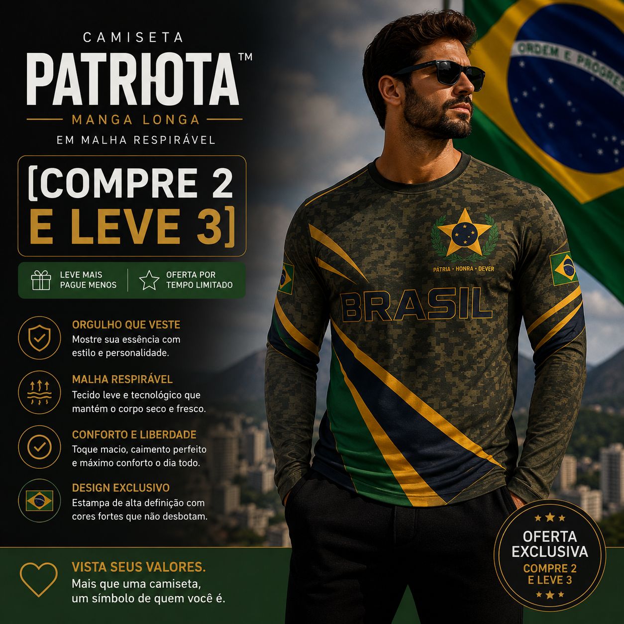 [COMPRE 2 E LEVE 3] Camiseta Patriota™ Manga Longa em Malha Respirável / O Orgulho de Ser Brasileiro em Cada Detalhe