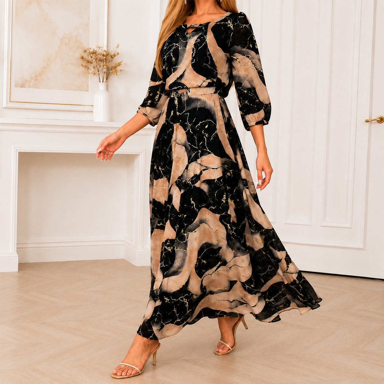 Vestido Longo Veloria™ com Estampa Abstrata, Cintura Marcada e Mangas 3/4